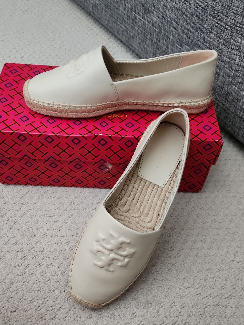 Tory Burch Cream Leather Espadrille with Logo Vamp